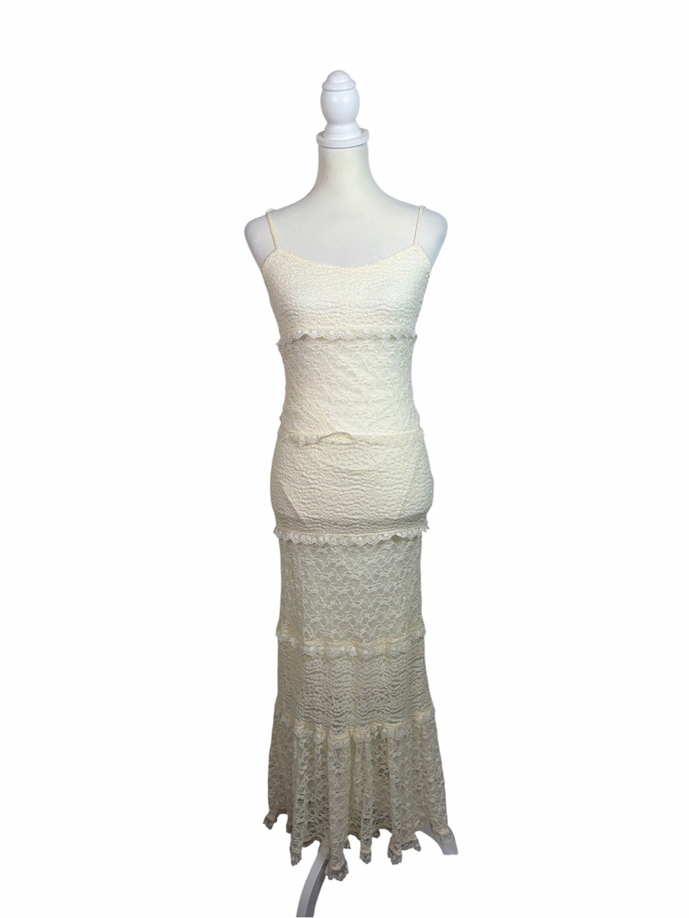 Thirty Thirty LA Medium Ivory Tiered Lace Maxi Slip Dress Boho Romantic